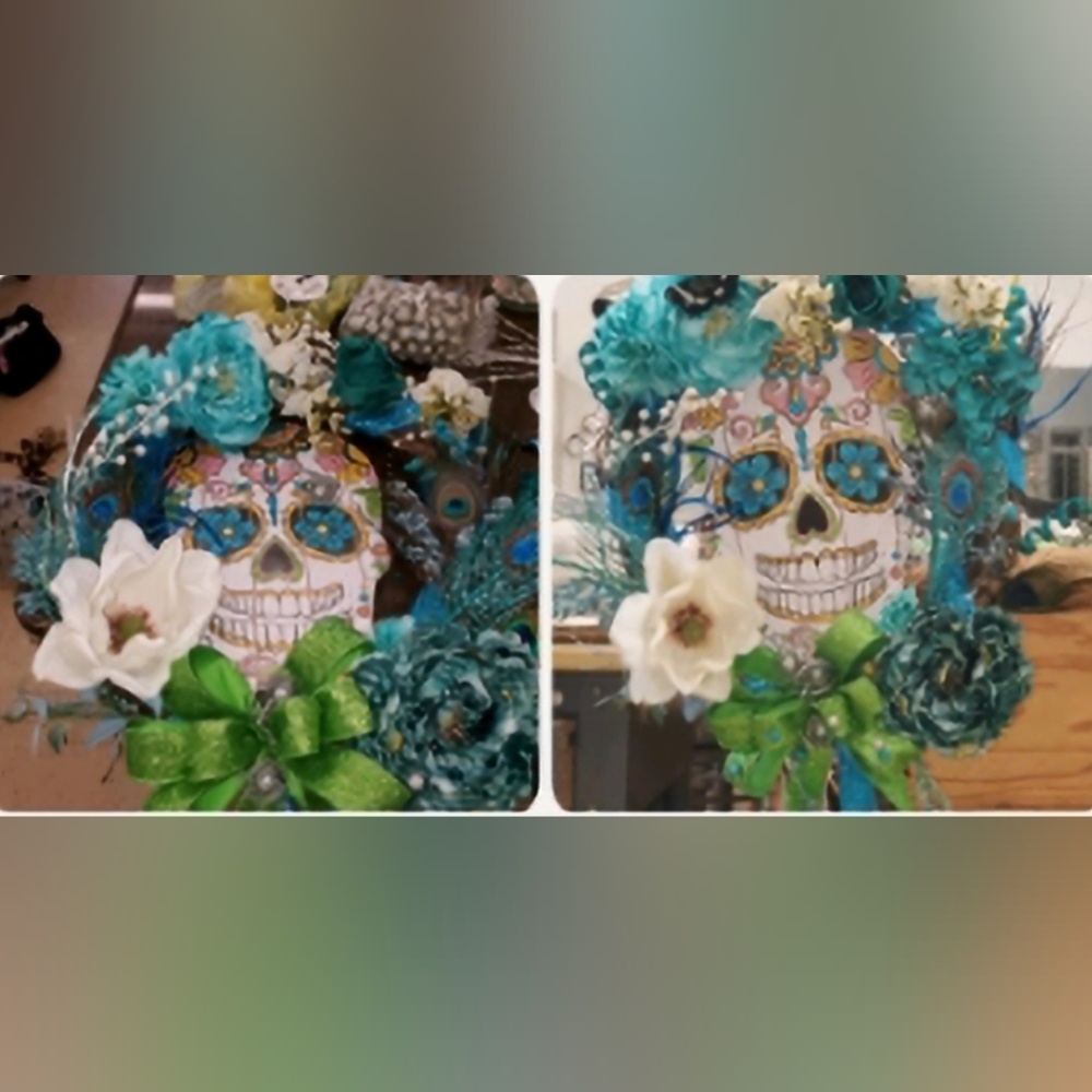 HANDMADE TURQUOISE, GREEN & WHITE SUGAR SKULL WREATH - 1 of a Kind - Picture 3 of 6